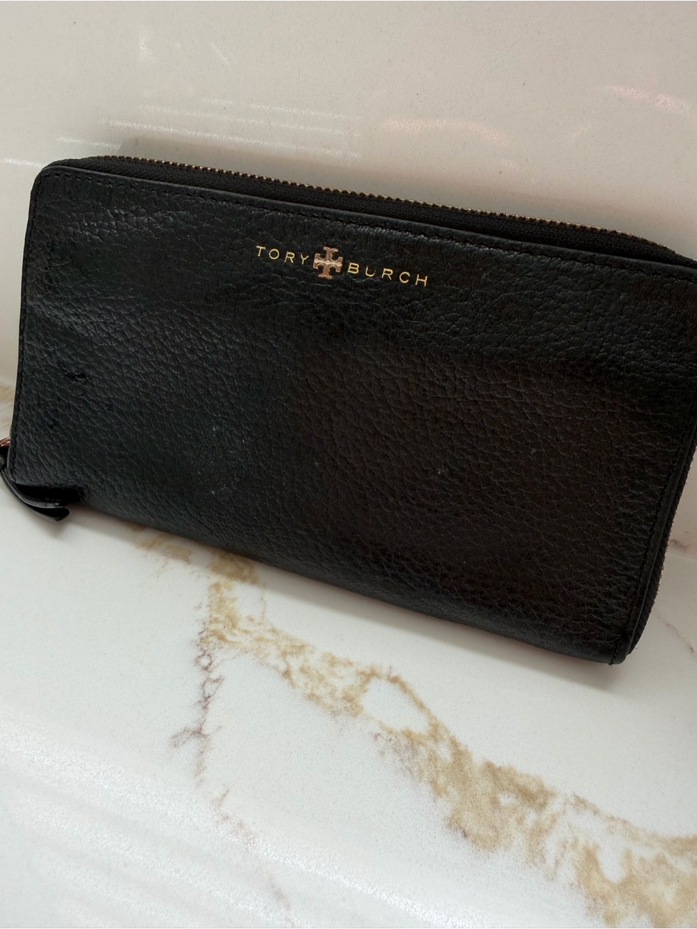Tory Burch Black Pebbled Leather Zip Wallet with Gold Logo Print